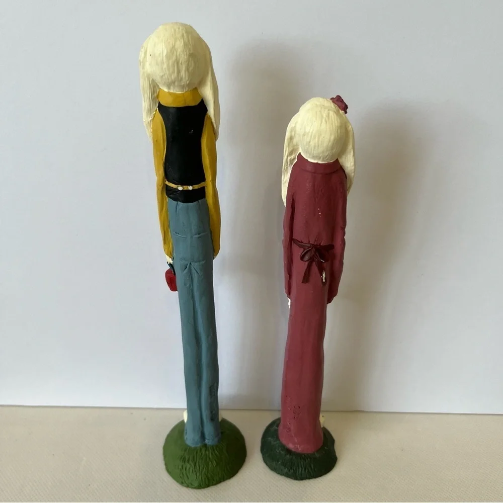 Vintage TNT 1991 Tall Skinny Rabbit Couple Easter Eggs Figurines Set Folk Art